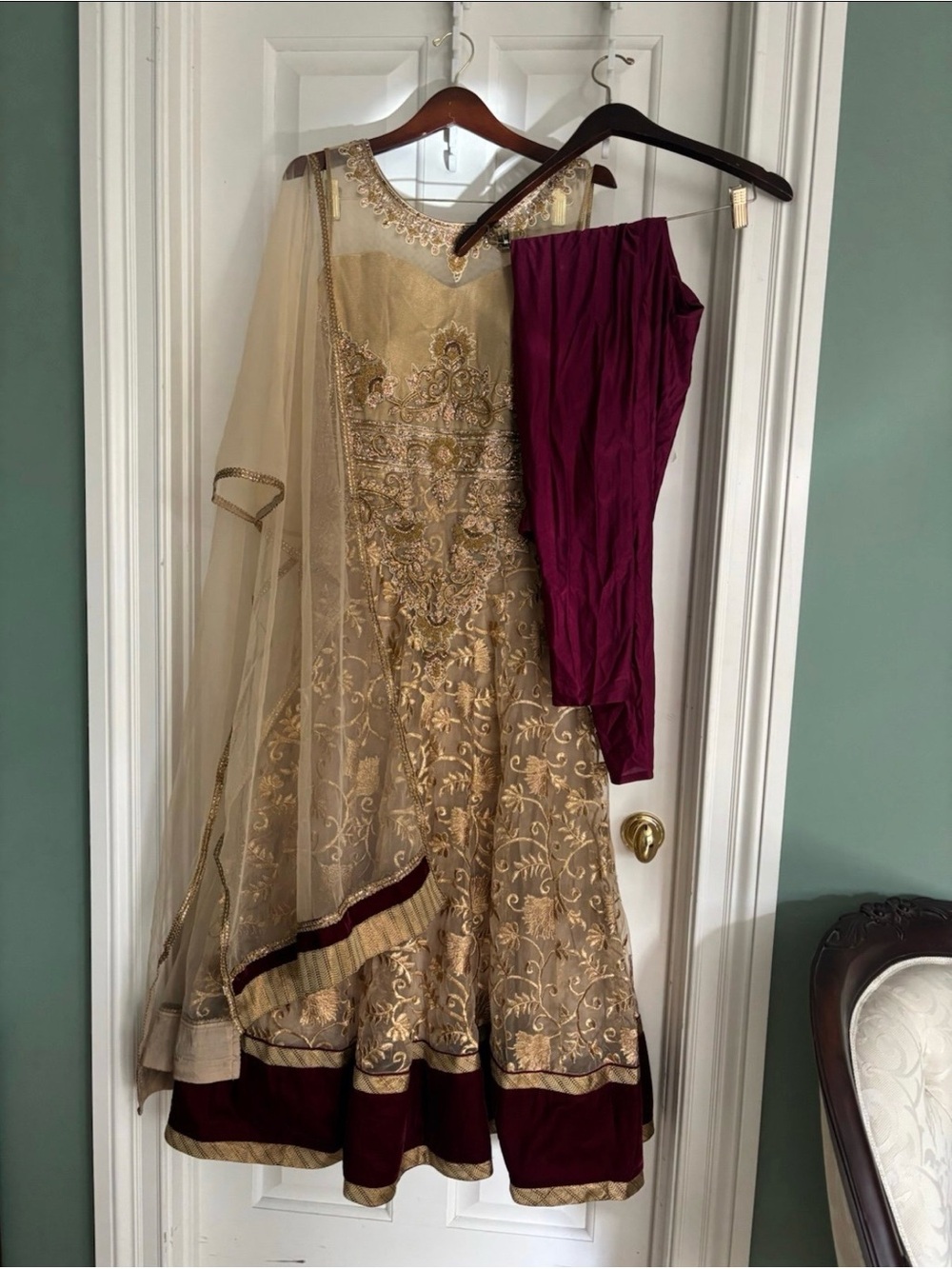 Gold Embroidered Women's Formal Dress with Burgundy Hem. Gown for wedding M/L